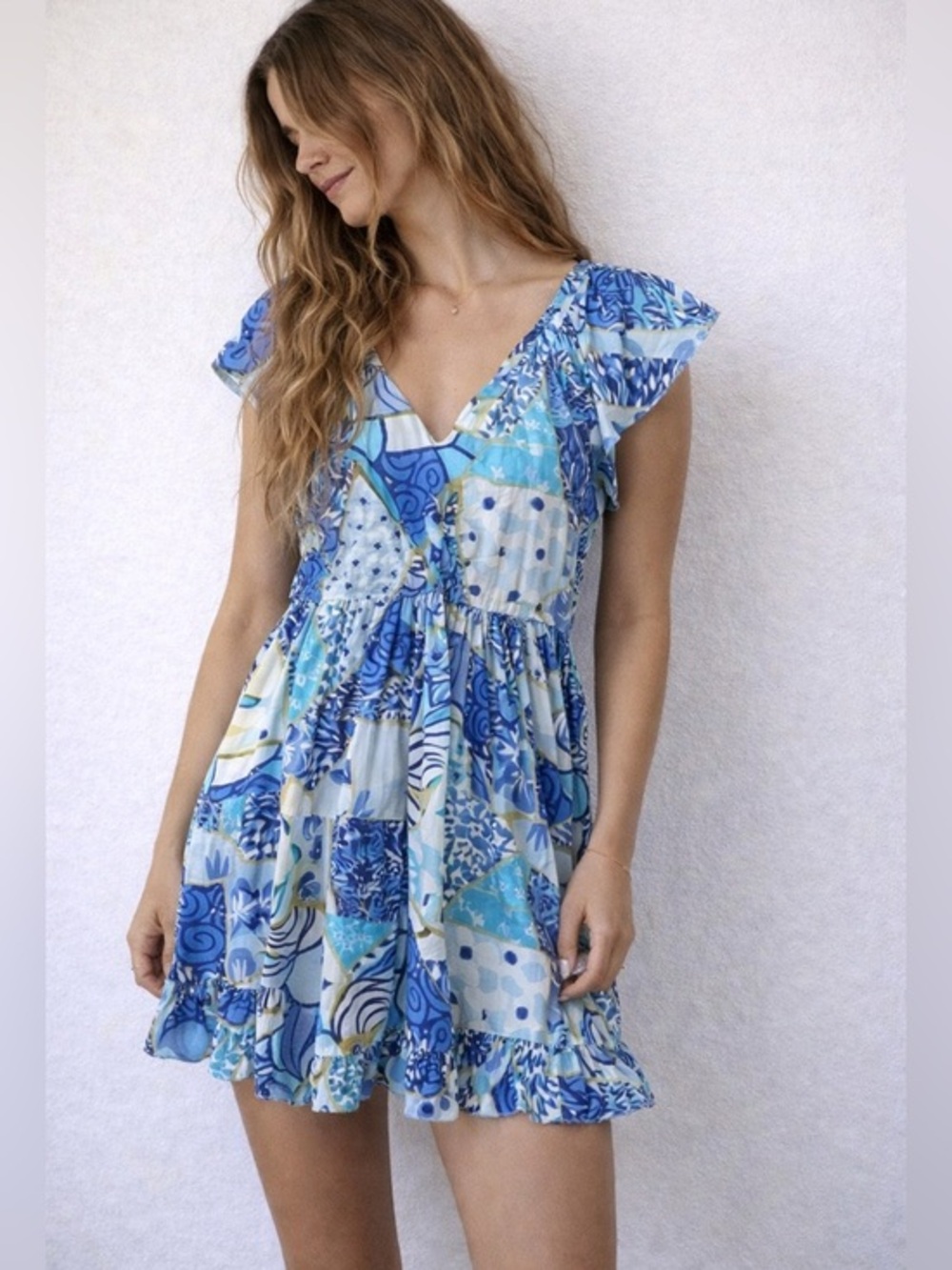 Maude Vivante Blue Patchwork Flutter Sleeve Dress‎ Medium Coastal Boho Resort